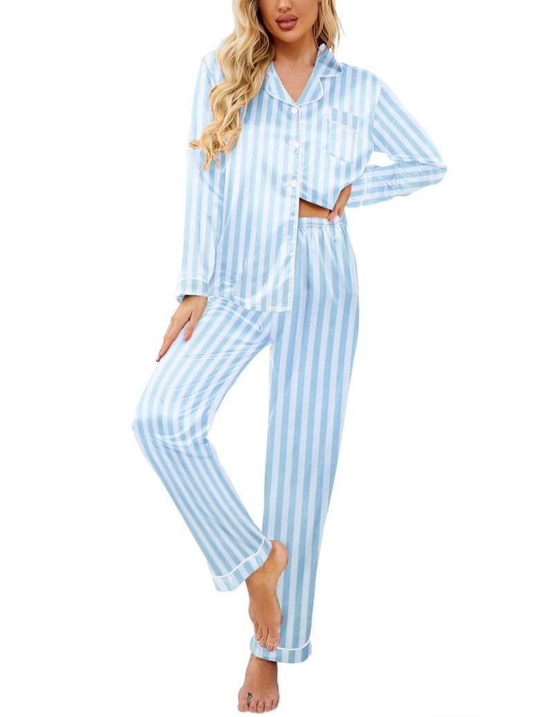 Printed Satin Long Sleeve Notch Collar Button Down Pajama Set