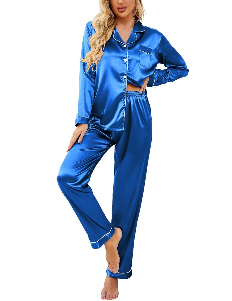 Satin Long Sleeve Notch Collar Button Down Pajama Set