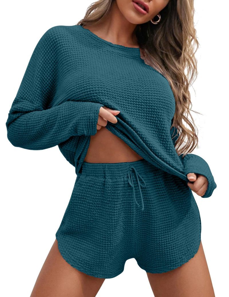 Women's waffle knit pajama set in teal, long-sleeve top and drawstring shorts