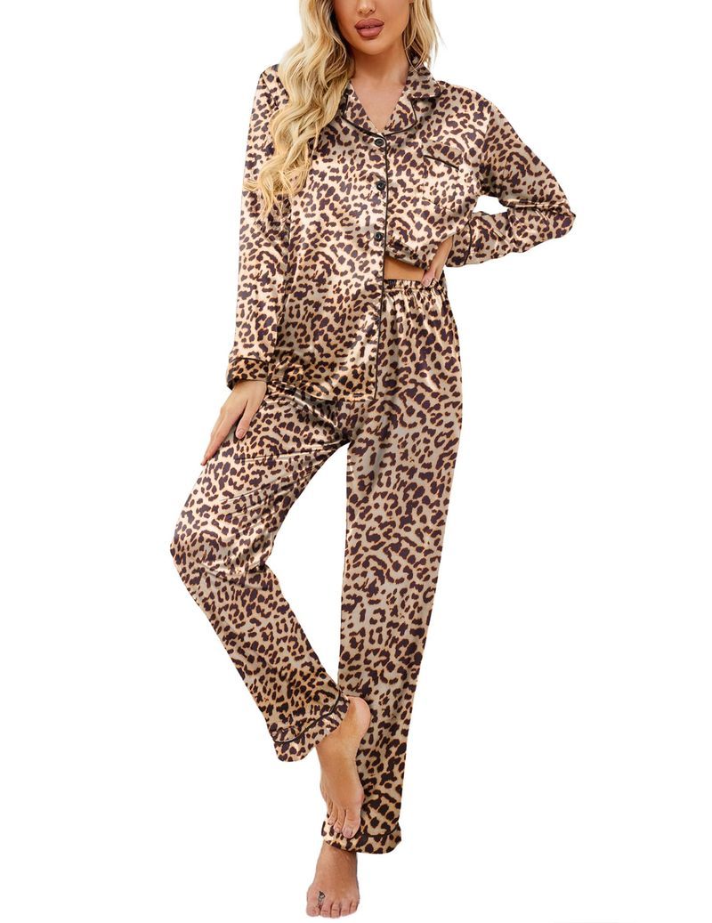 Printed Satin Long Sleeve Notch Collar Button Down Pajama Set