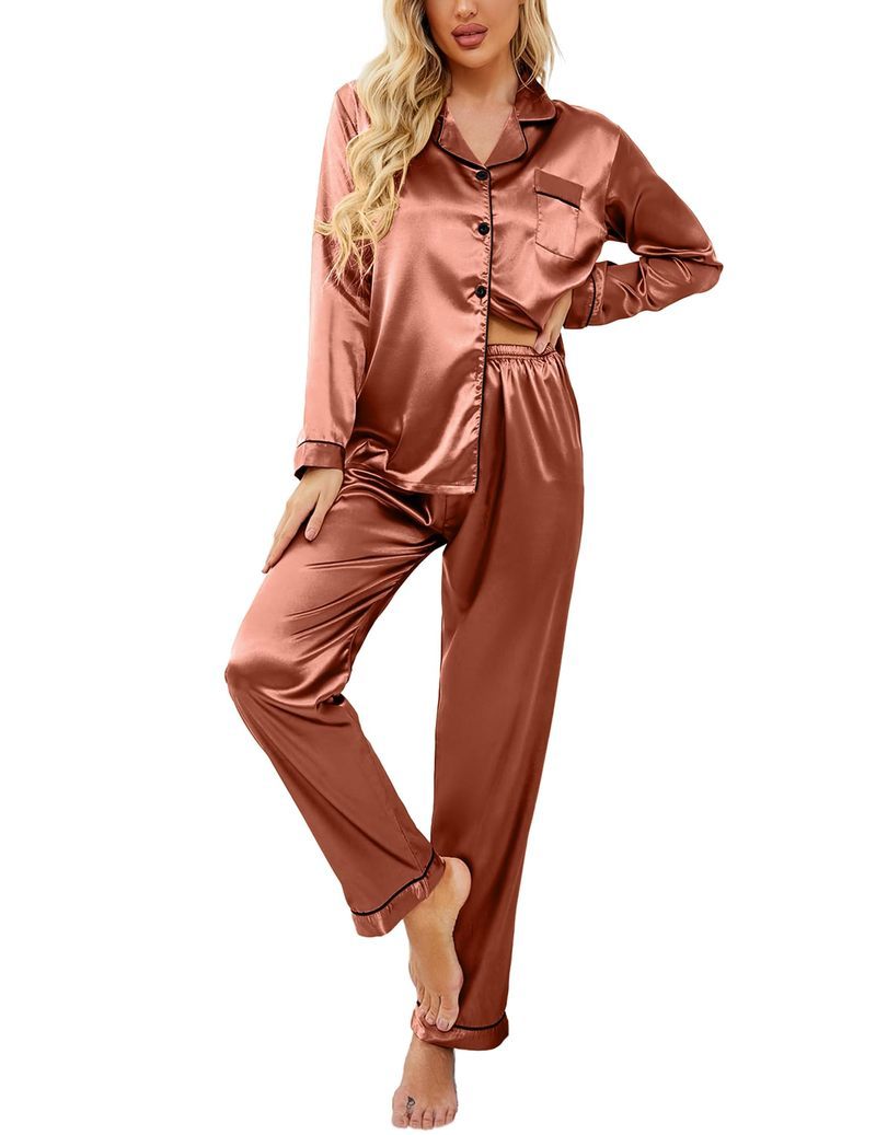 Satin Long Sleeve Notch Collar Button Down Pajama Set