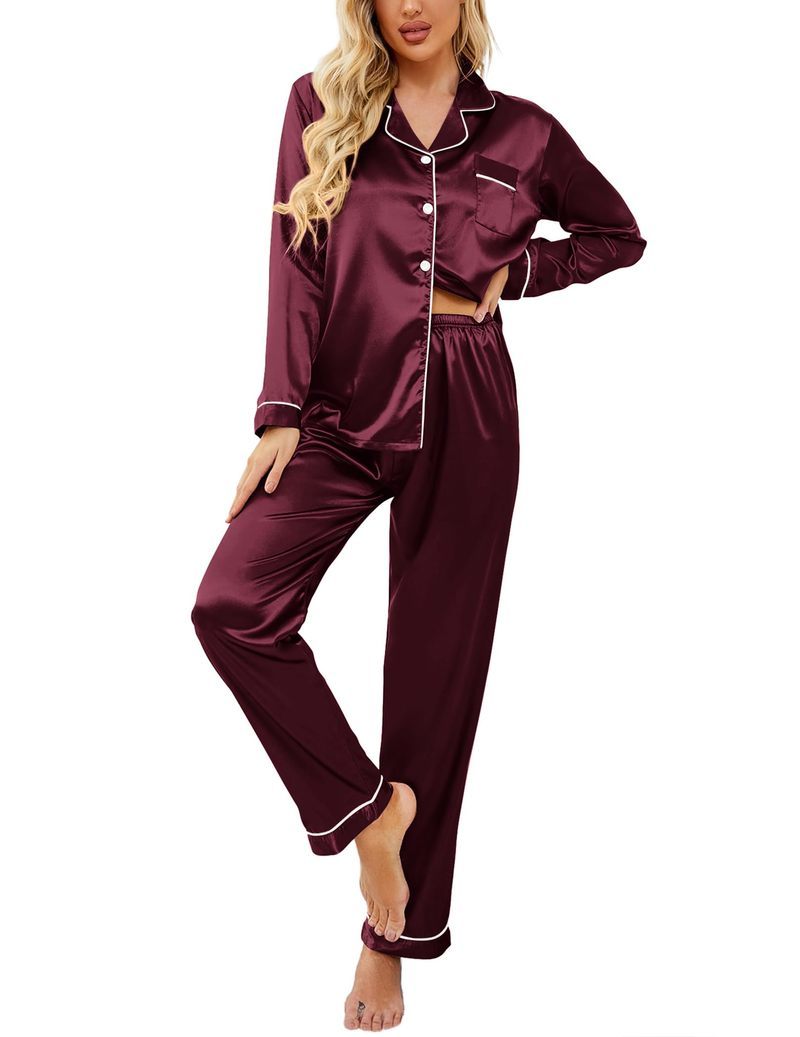 Satin Long Sleeve Notch Collar Button Down Pajama Set