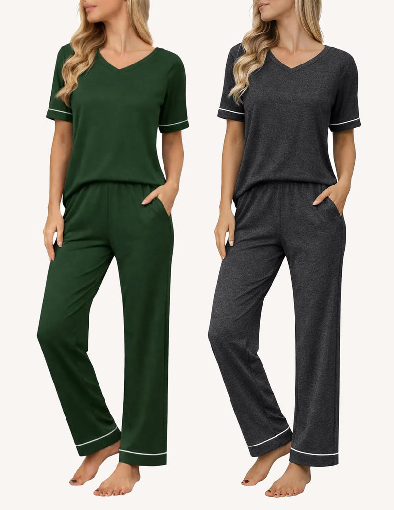 2er-Set Pyjamas: dunkelgrünes Shirt & Hose plus graues Melange-Set mit Kontraststreifen