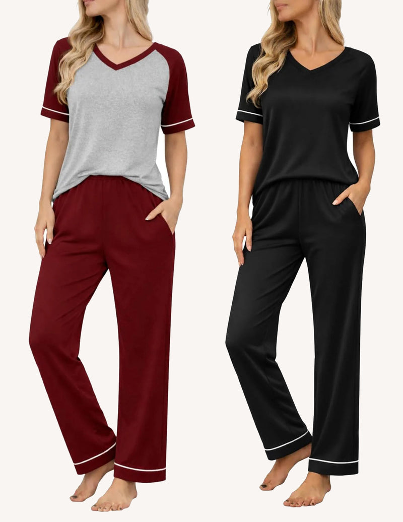 2er-Set Pyjamas: weinrote Hose & graues Shirt plus schwarzer V-Ausschnitt mit Kontrastbündchen