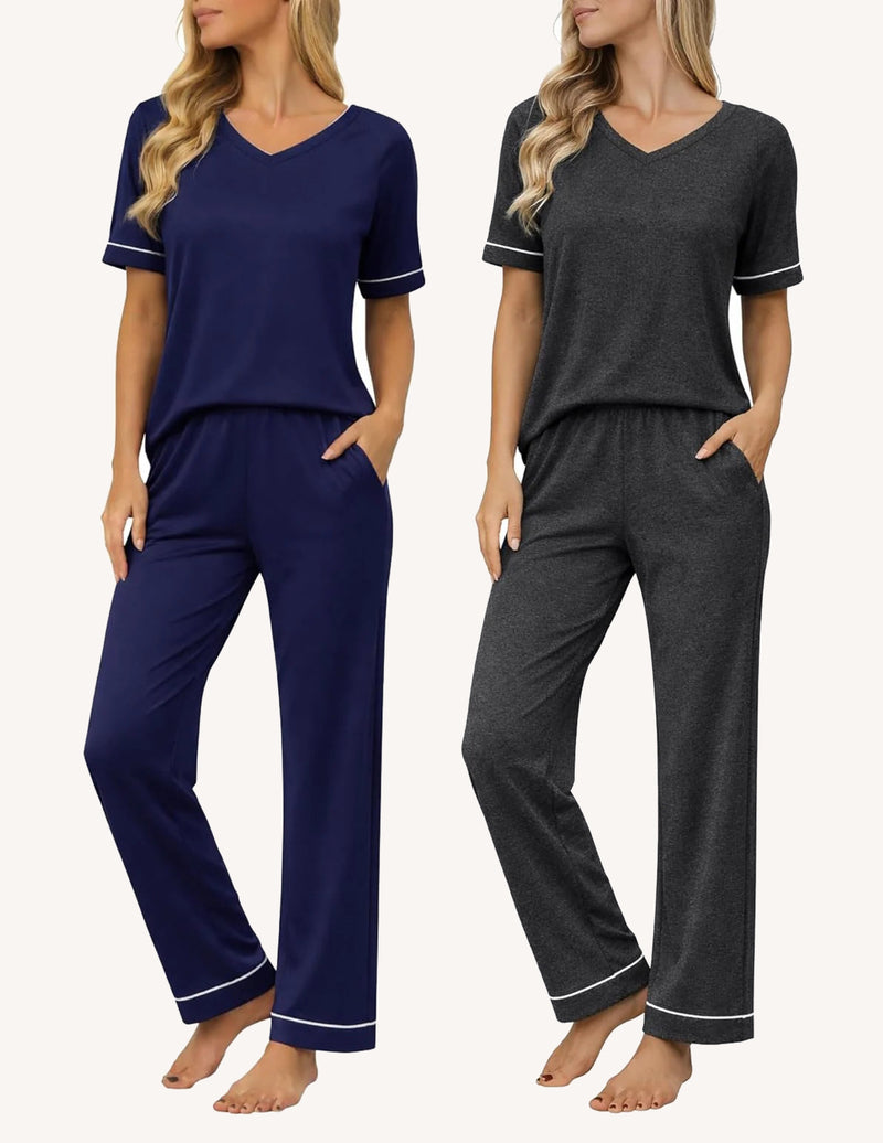 2er-Set Pyjamas: navyblaues Set plus dunkelgraues Melange-Set, V-Ausschnitt & Bündchen