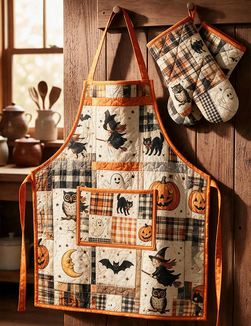 Halloween Quilted Apron And Oven Mitts Set