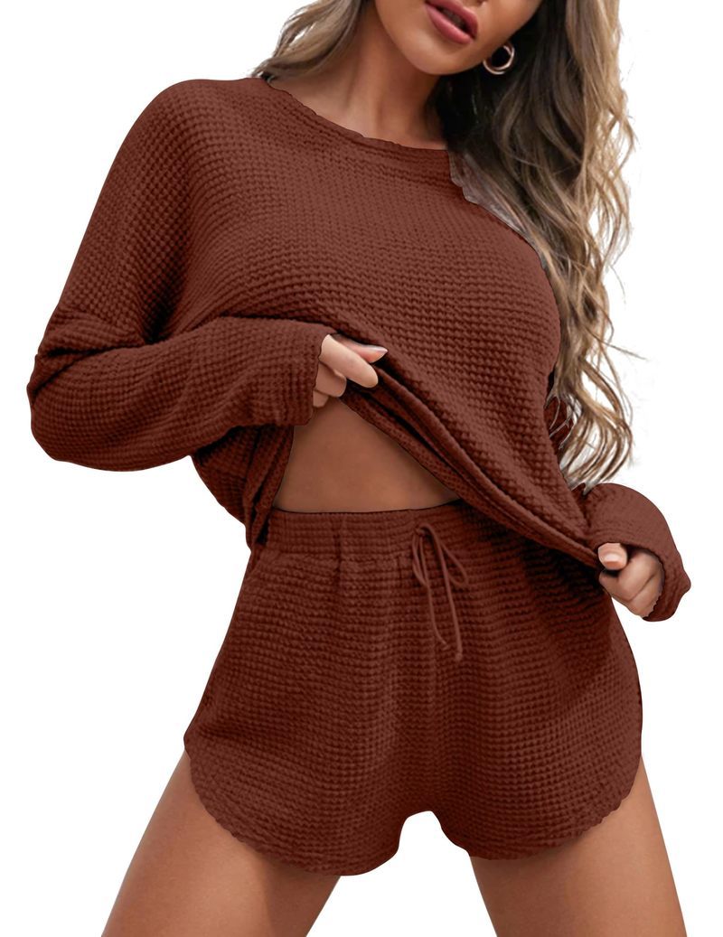 Waffle knit pajama set with long-sleeve top and drawstring shorts, chocolate brown.