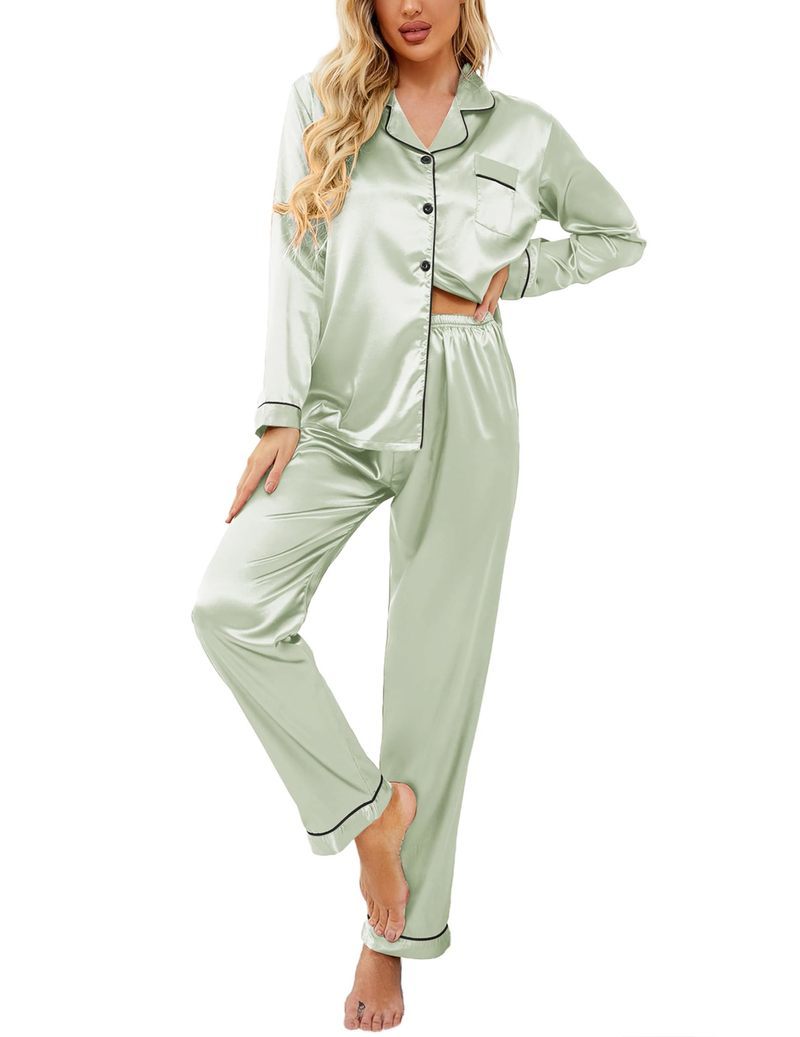 Satin Long Sleeve Notch Collar Button Down Pajama Set