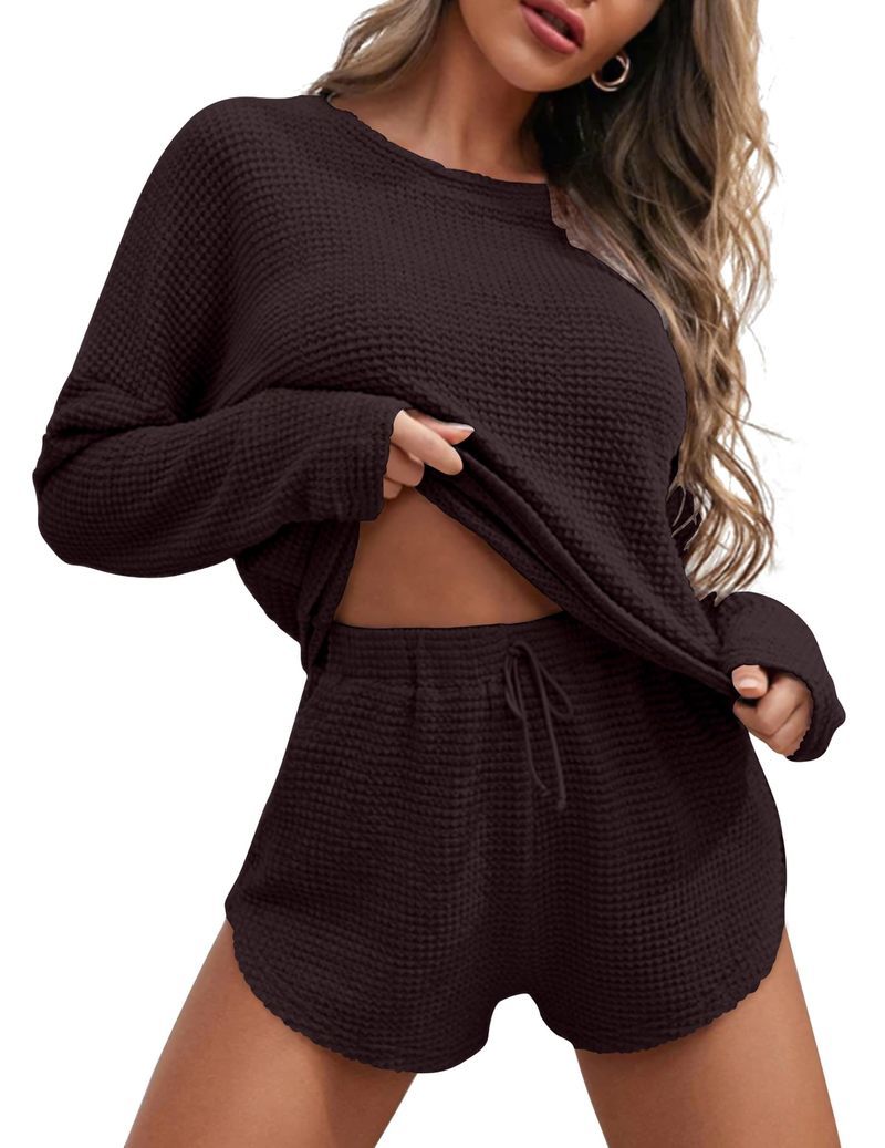 Waffle knit lounge set: long-sleeve crew top and dark brown drawstring shorts, pockets