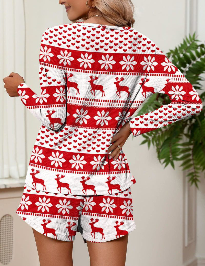 White and red holiday lounge set, long-sleeve top and drawstring shorts (back view)
