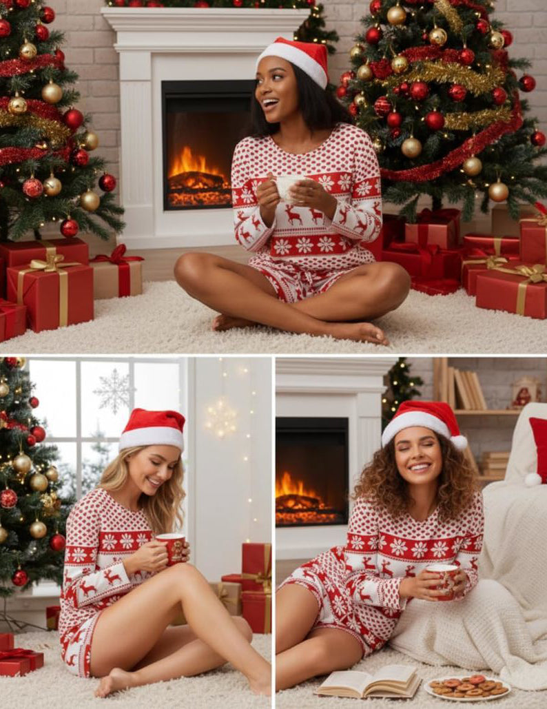 Red and white patterned lounge set with crew-neck long sleeves and drawstring shorts