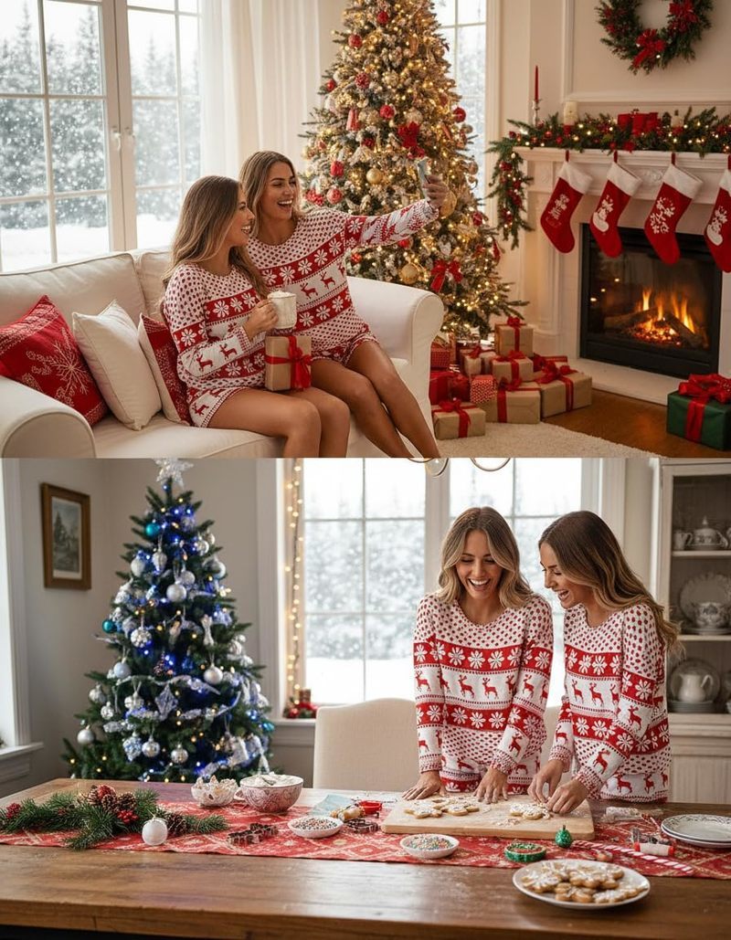 Red and white patterned lounge set with crew-neck long-sleeve top and drawstring shorts