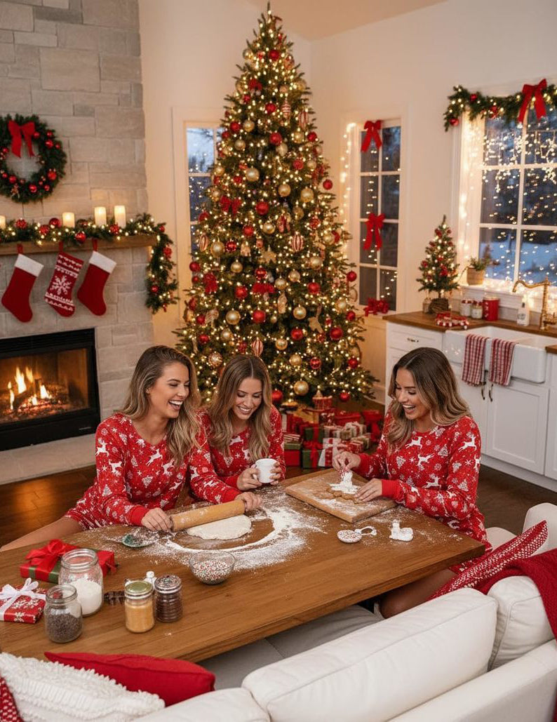Red holiday lounge set with long-sleeve crew top and drawstring shorts with pockets