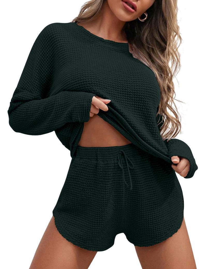 Women's waffle knit pajama set in dark green, long-sleeve top and drawstring shorts