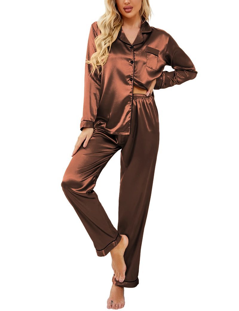 Satin Long Sleeve Notch Collar Button Down Pajama Set