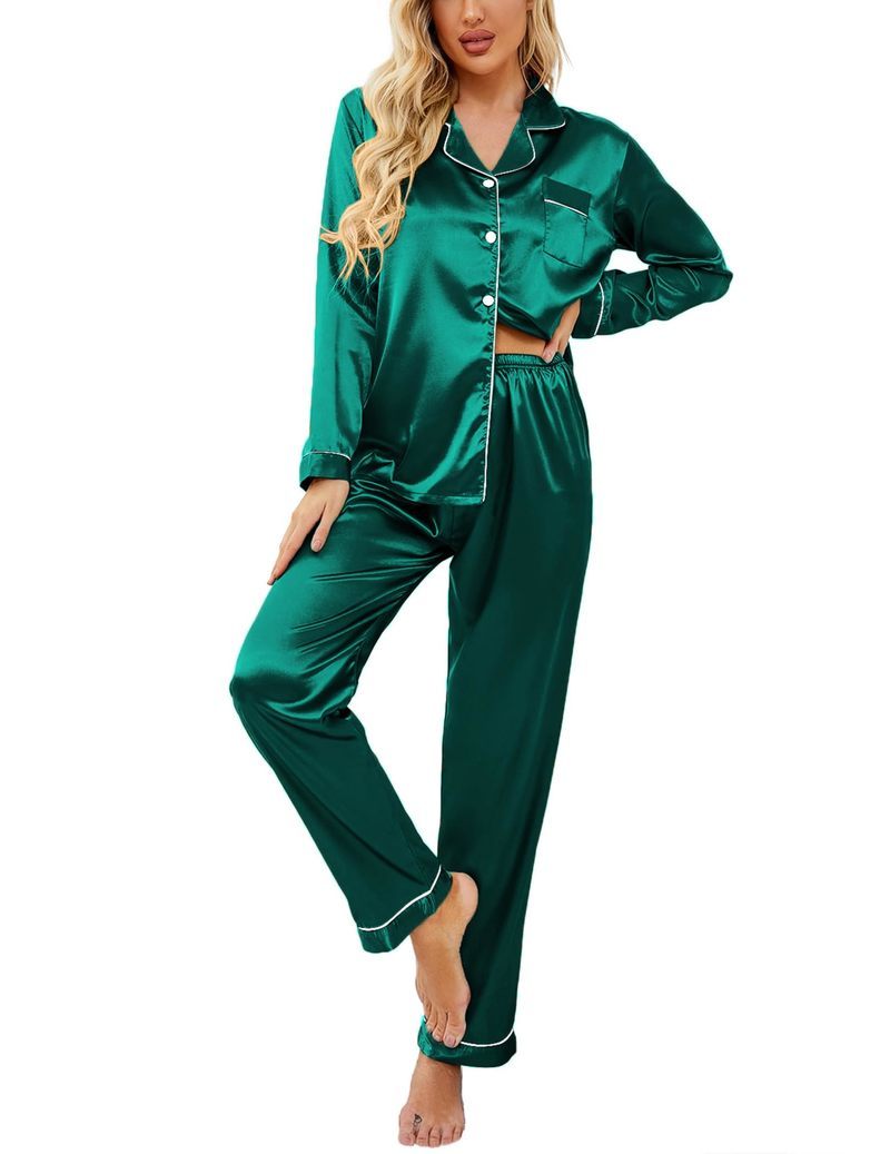 Satin Long Sleeve Notch Collar Button Down Pajama Set