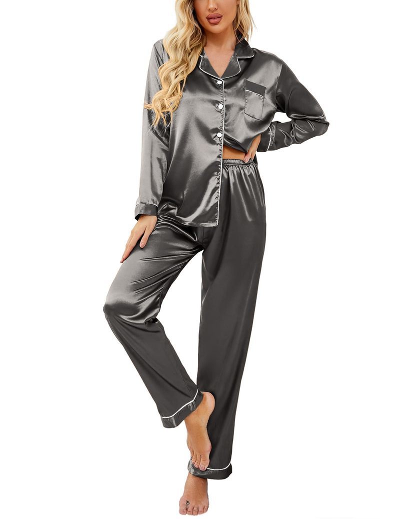 Satin Long Sleeve Notch Collar Button Down Pajama Set