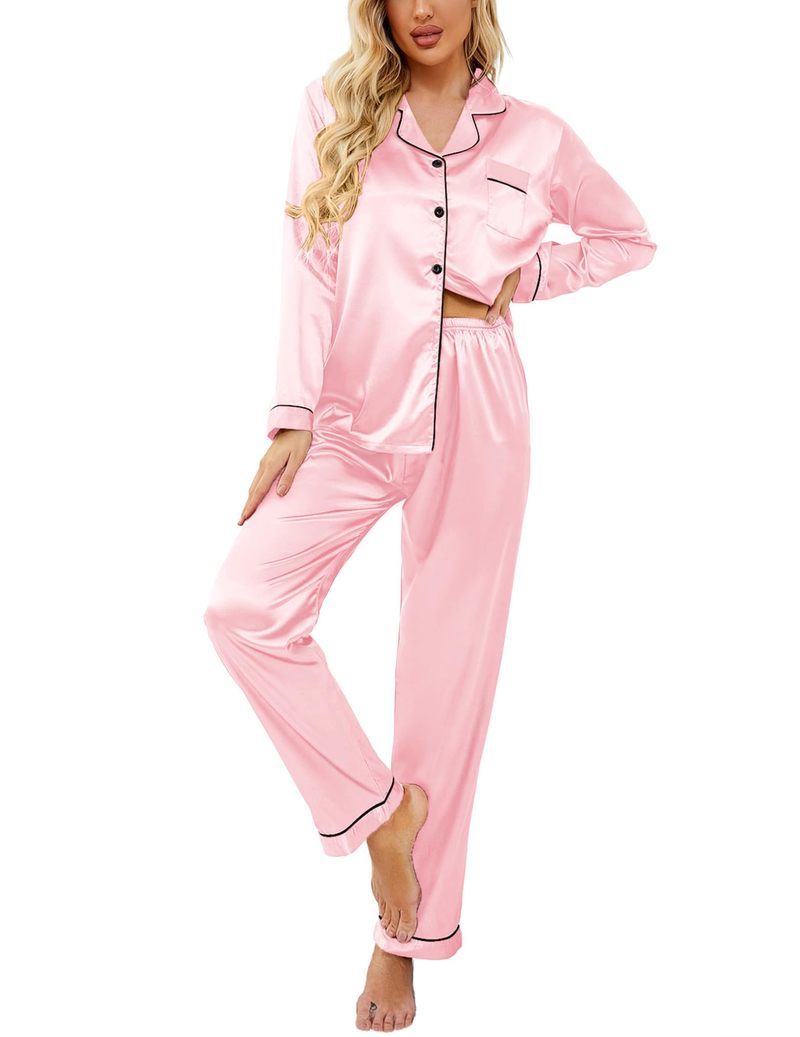 Satin Long Sleeve Notch Collar Button Down Pajama Set