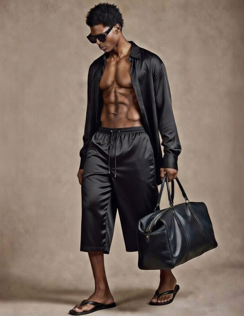 Men's lounge shirt and shorts set in black, long-sleeve button front, drawstring waist
