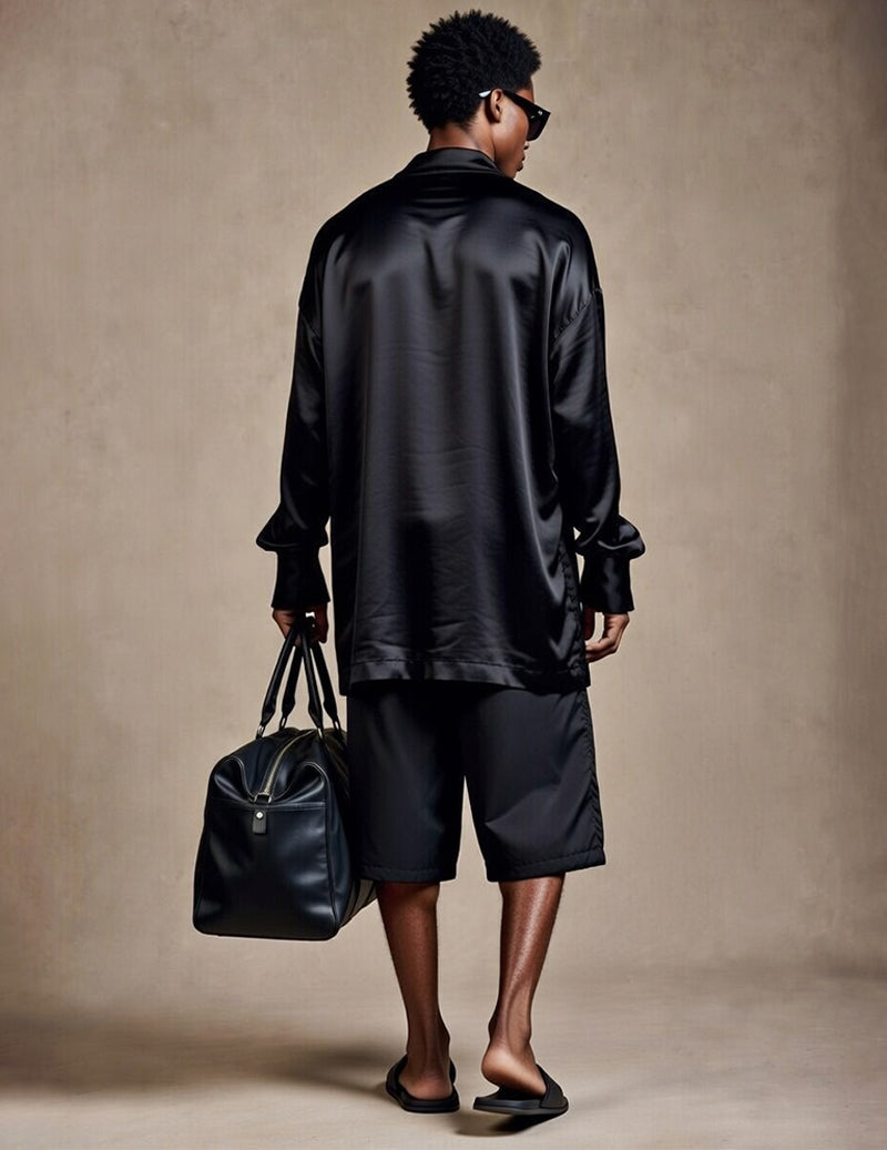 Back view: men's lounge set in black, long-sleeve shirt and shorts with elastic waist