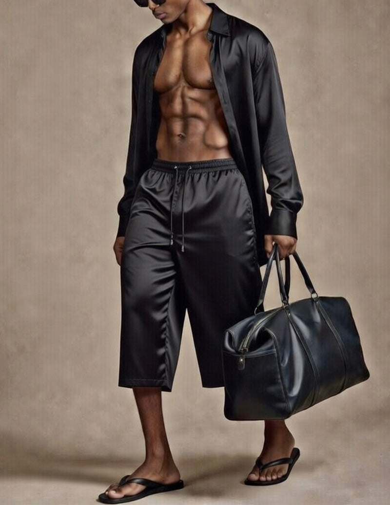 Men's lounge shirt and shorts set in black, long sleeves, elastic drawstring waist