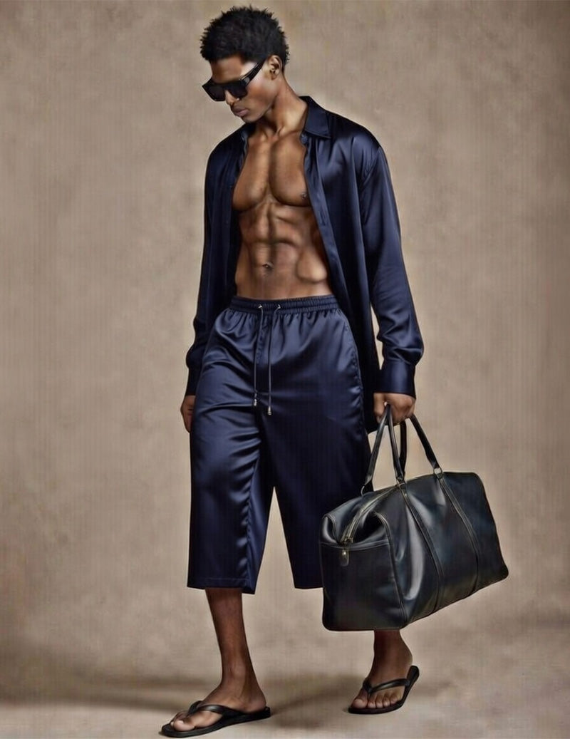 Men's lounge shirt and shorts set in navy blue, long sleeve button front
