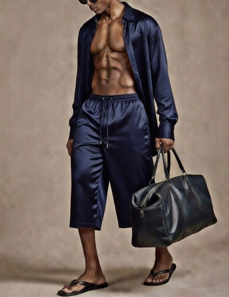 Men's lounge shirt and shorts set in navy blue, long sleeve shirt with matching shorts