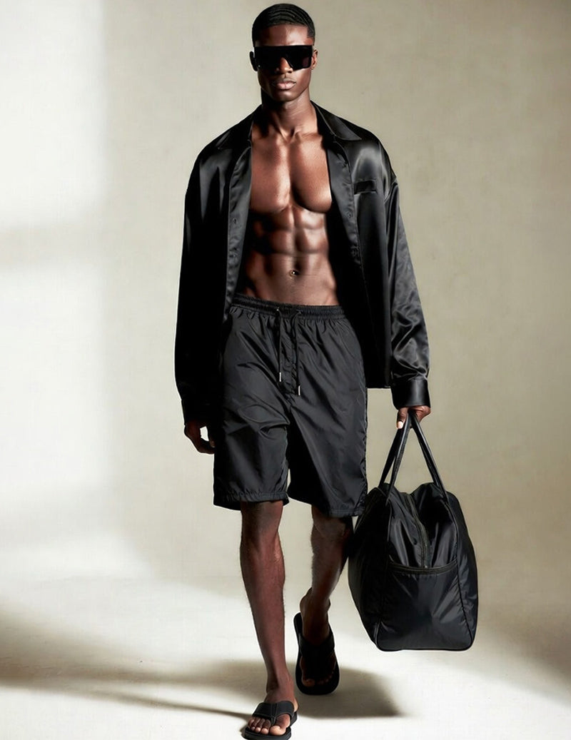 Men's loungewear set: black open shirt and drawstring shorts