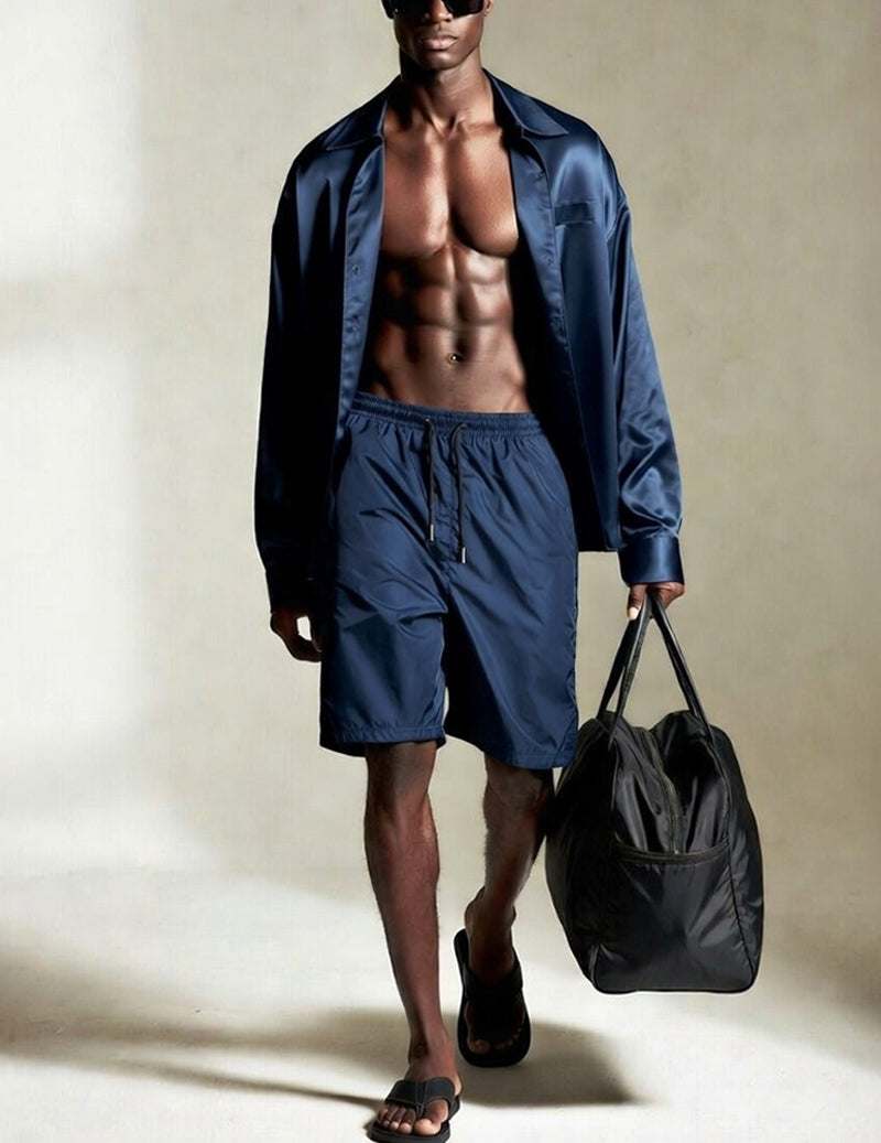 Navy drawstring shorts and open lounge shirt, elastic waist