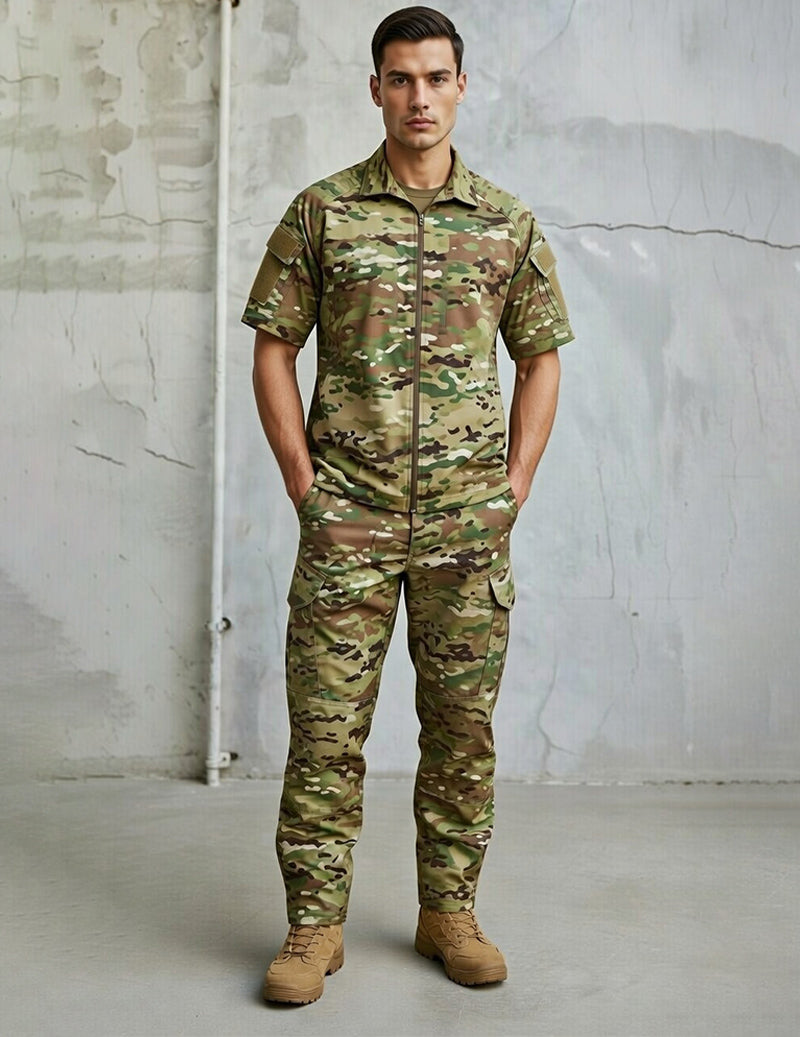 Men's Olive Green Tee & Camouflage Cargo Pants Tactical Set