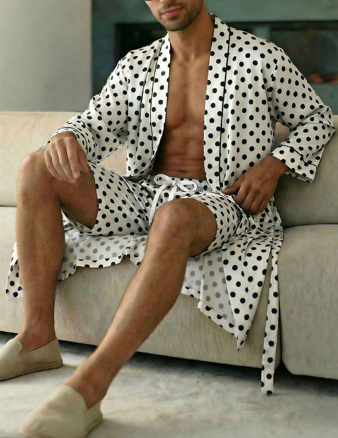 Luxurious Tropical Leaf Print Robe and Shorts Set for Men