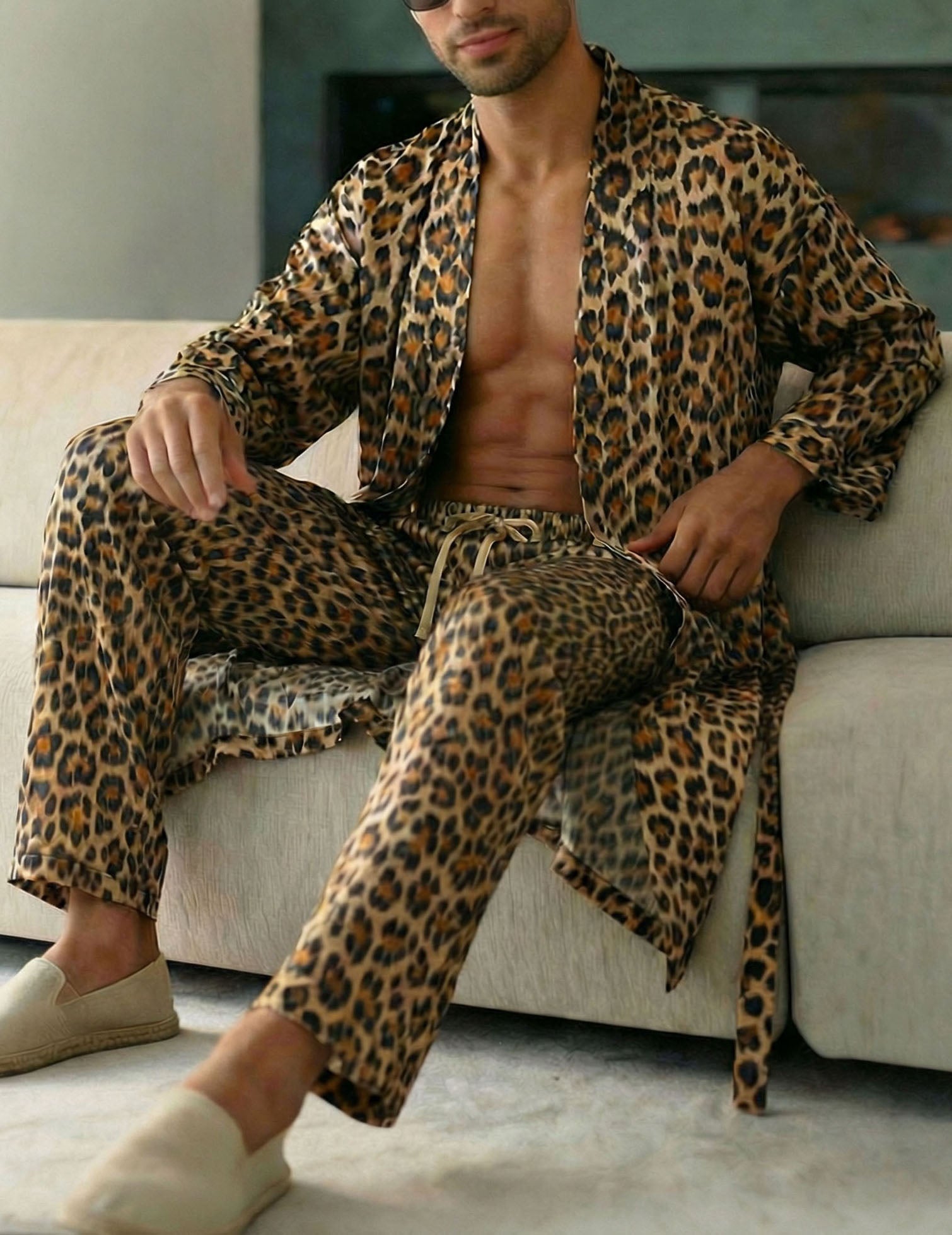 Albornoz y pantalón leopardo para hombre, estampado tipo piel, cordón frontal