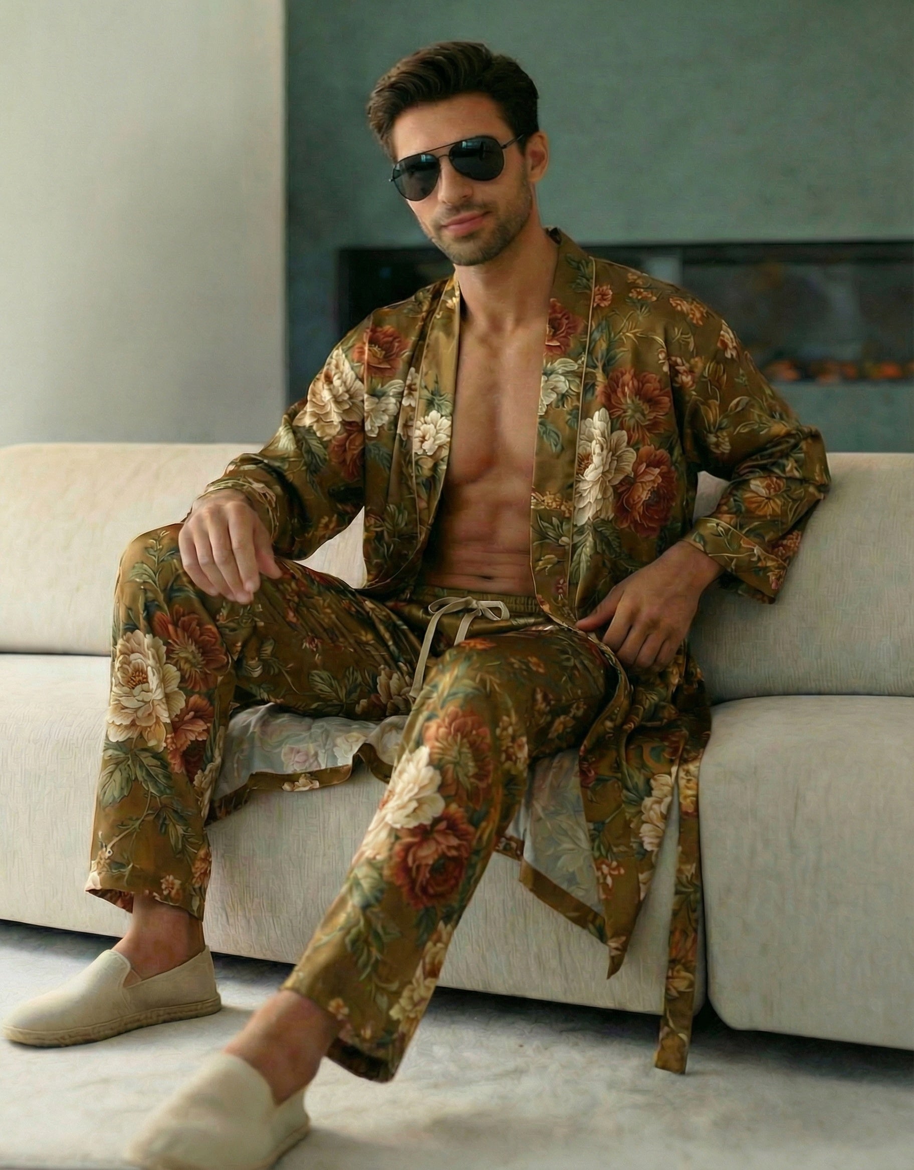 Conjunto de albornoz y pantalón para hombre con flores grandes multicolor, cordón en la cintura