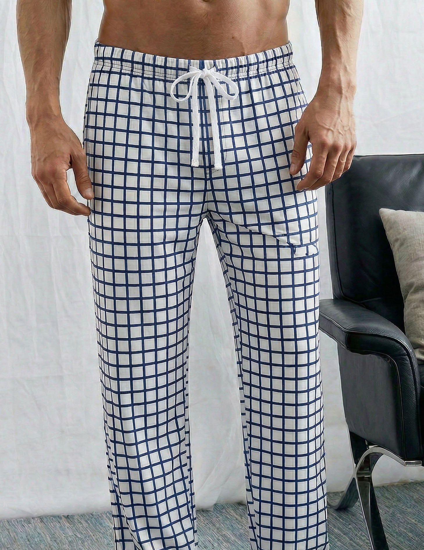 White-and-blue check pajama pants with front drawstring and cuffed hems