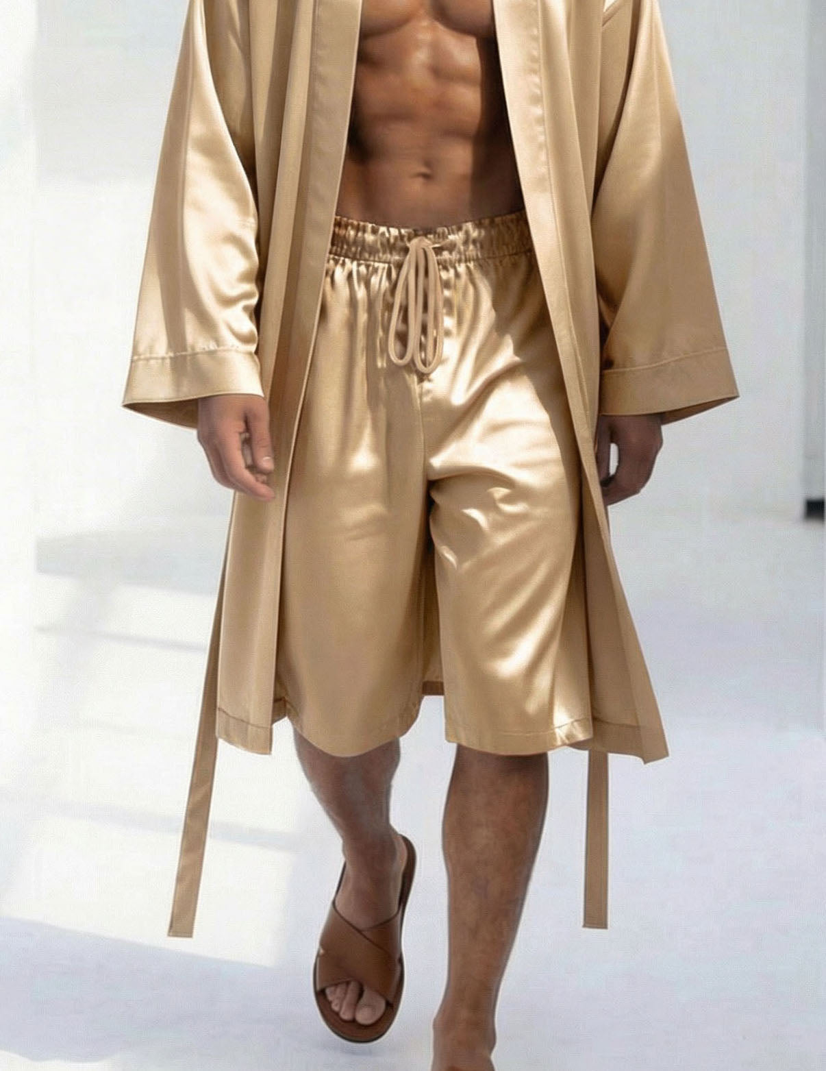 Champagne satin drawstring shorts with matching long robe, front tie detail