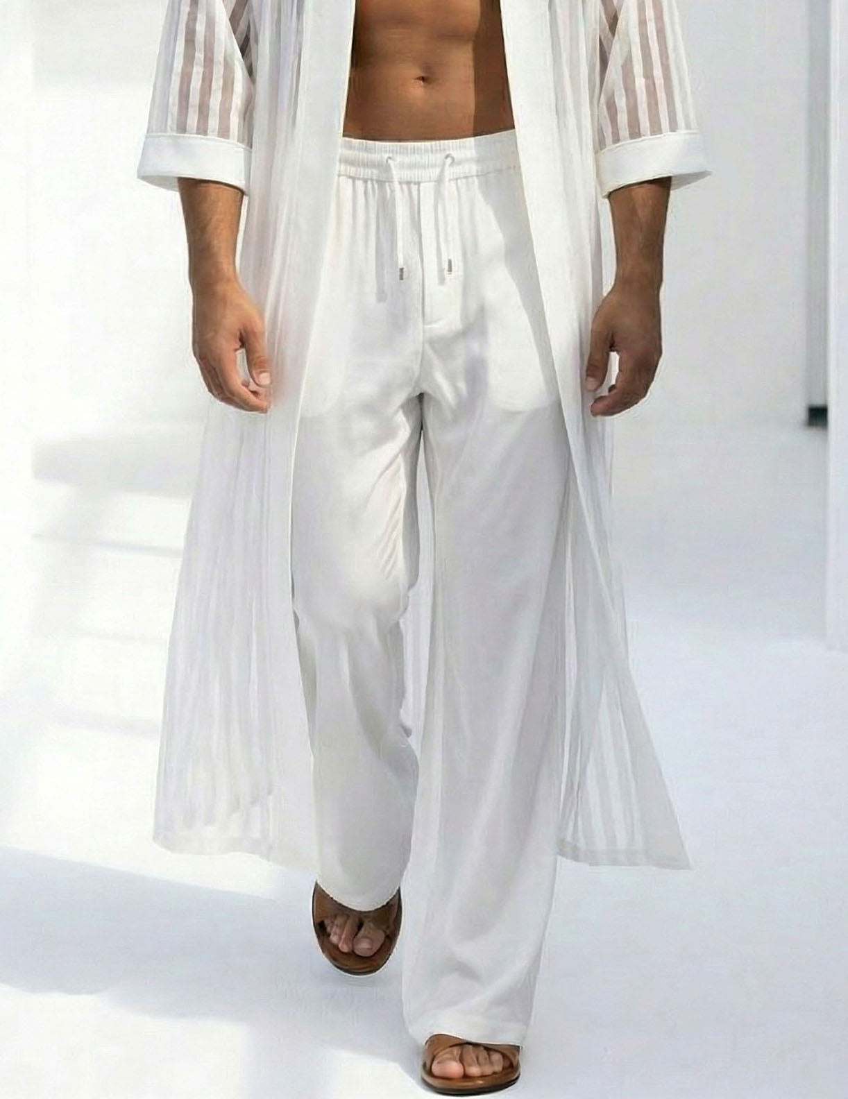 Men's white sheer striped drawstring pants set, loose long pants