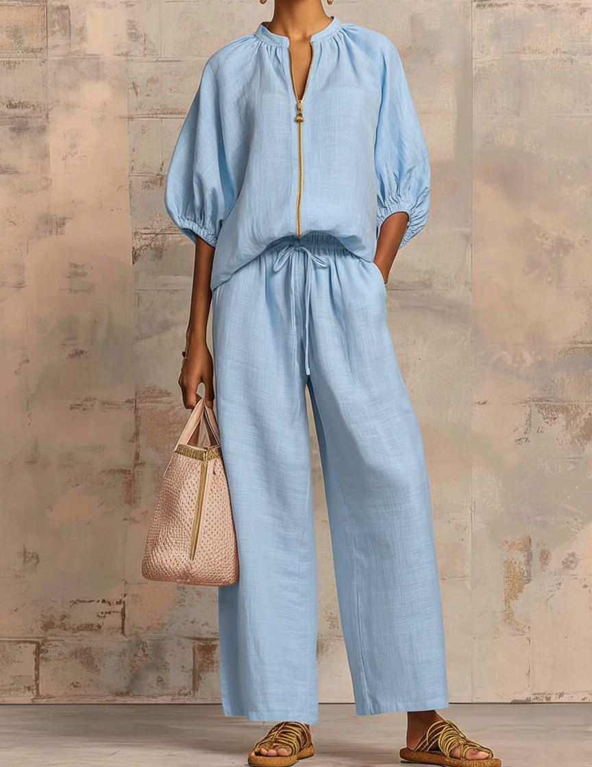 Puff-Sleeve Zip Jacket and Wide-Leg Pants Set