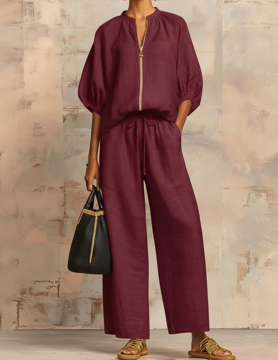 Puff-Sleeve Zip Jacket and Wide-Leg Pants Set
