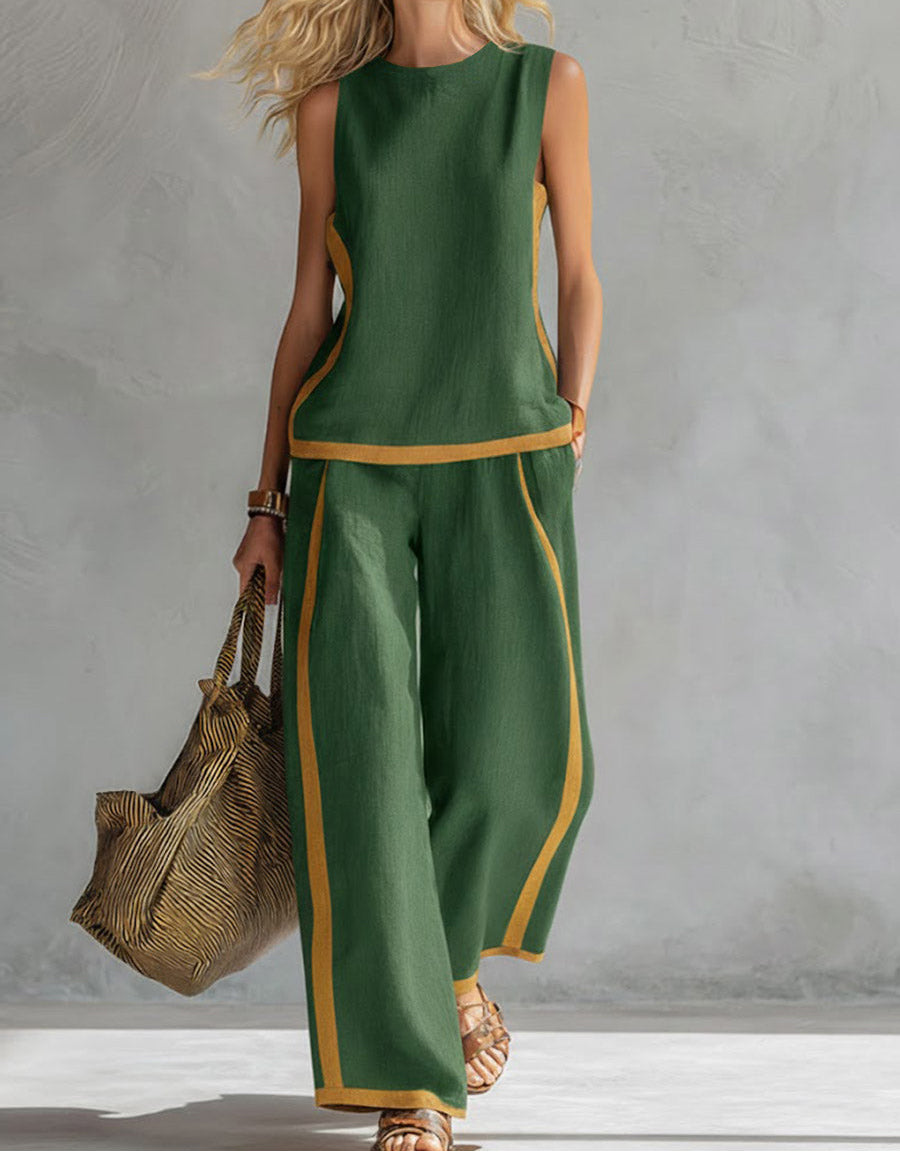 Contrast Trim Sleeveless Top and Wide-Leg Pants Set