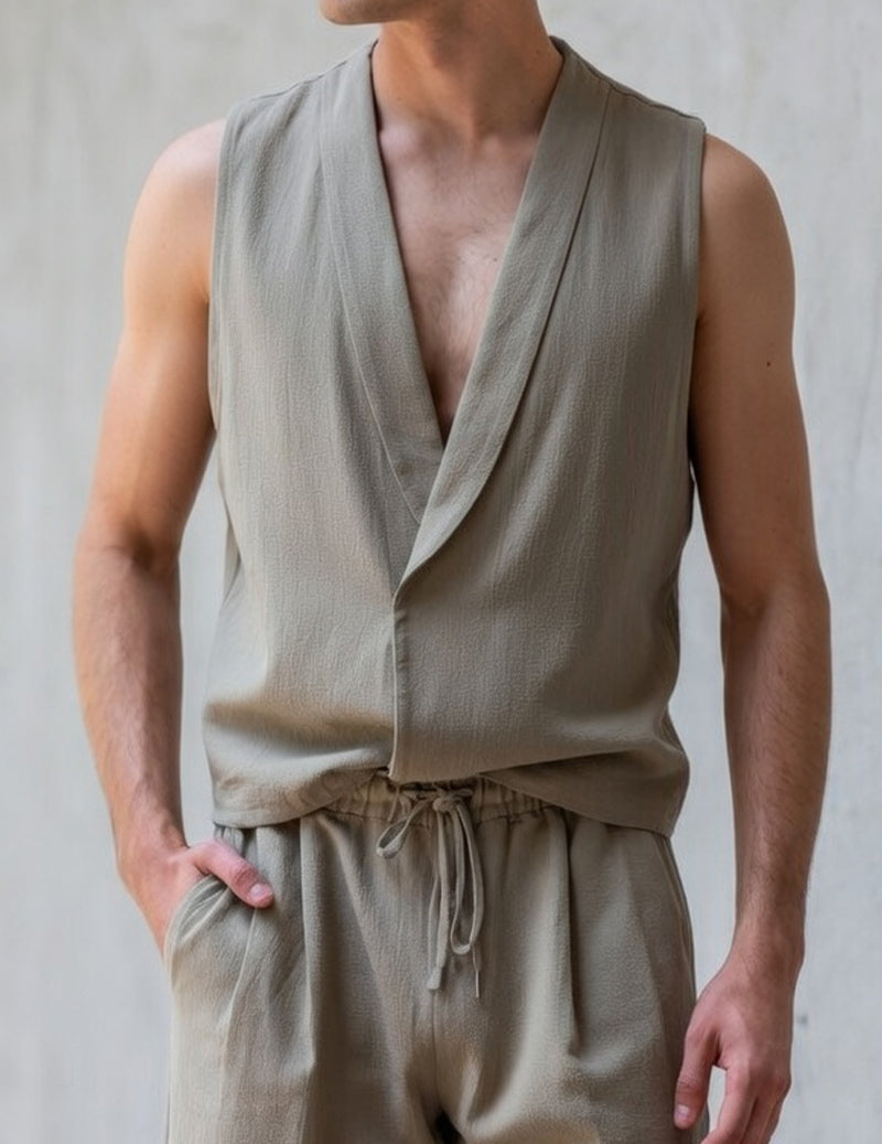 Men's Wrap-Front Sleeveless Top & Drawstring Shorts Set