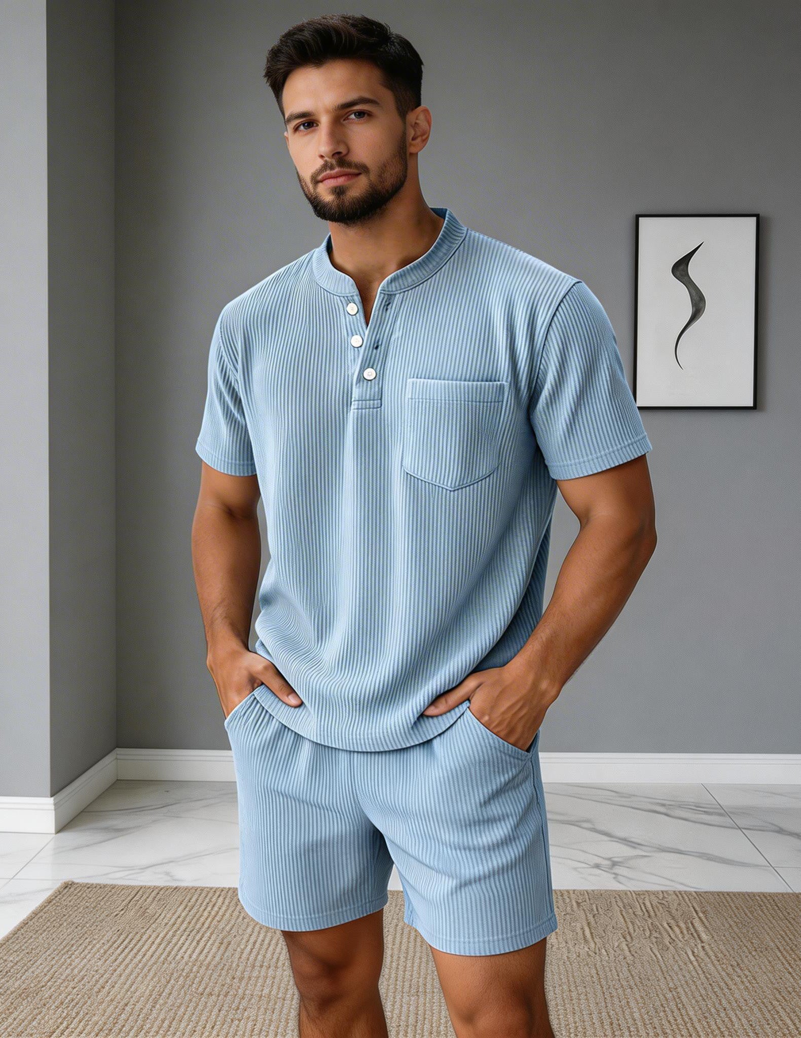 Light blue men's henley shirt with chest pocket and matching drawstring shorts
