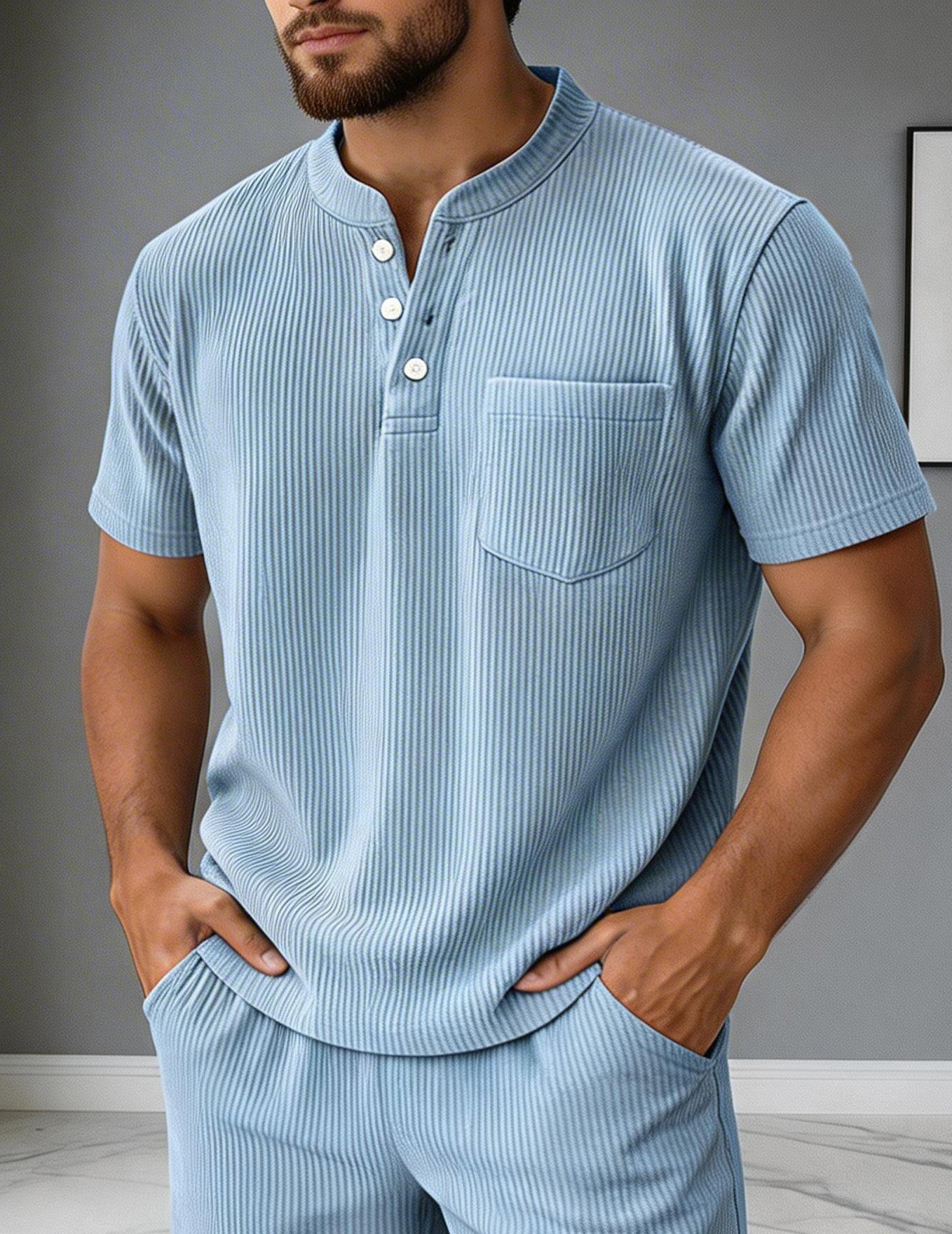 Light blue ribbed henley T-shirt with chest pocket and matching shorts set