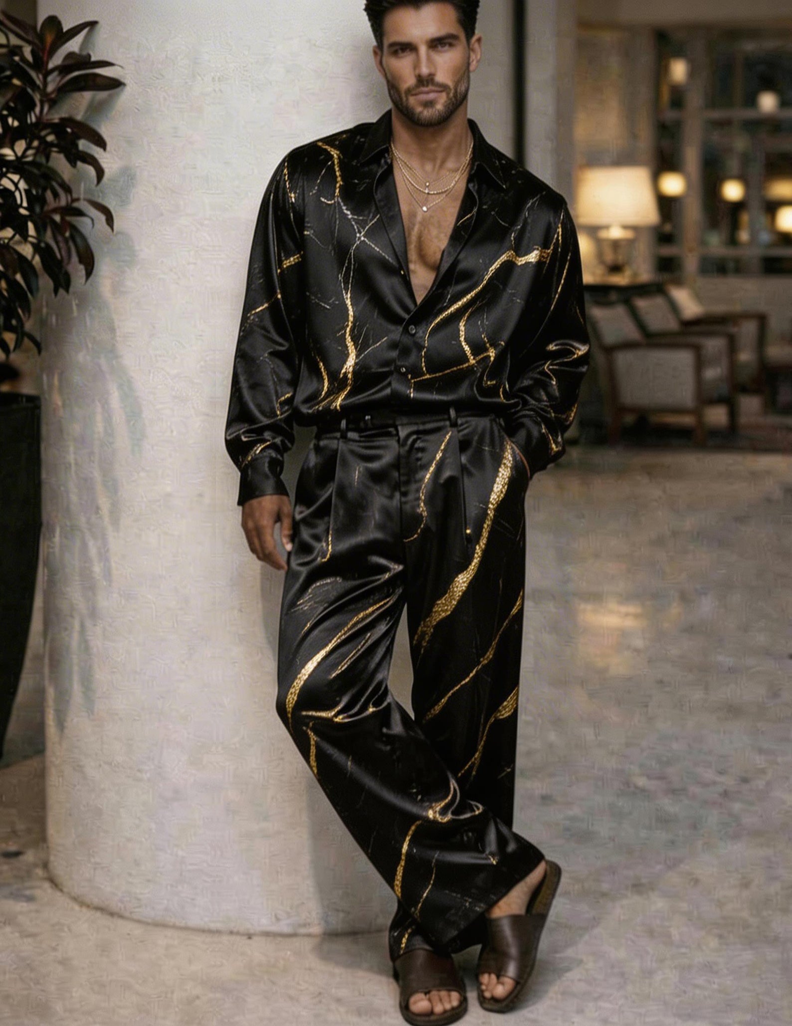 Men silk shirt and pants set, black with gold marble vein pattern