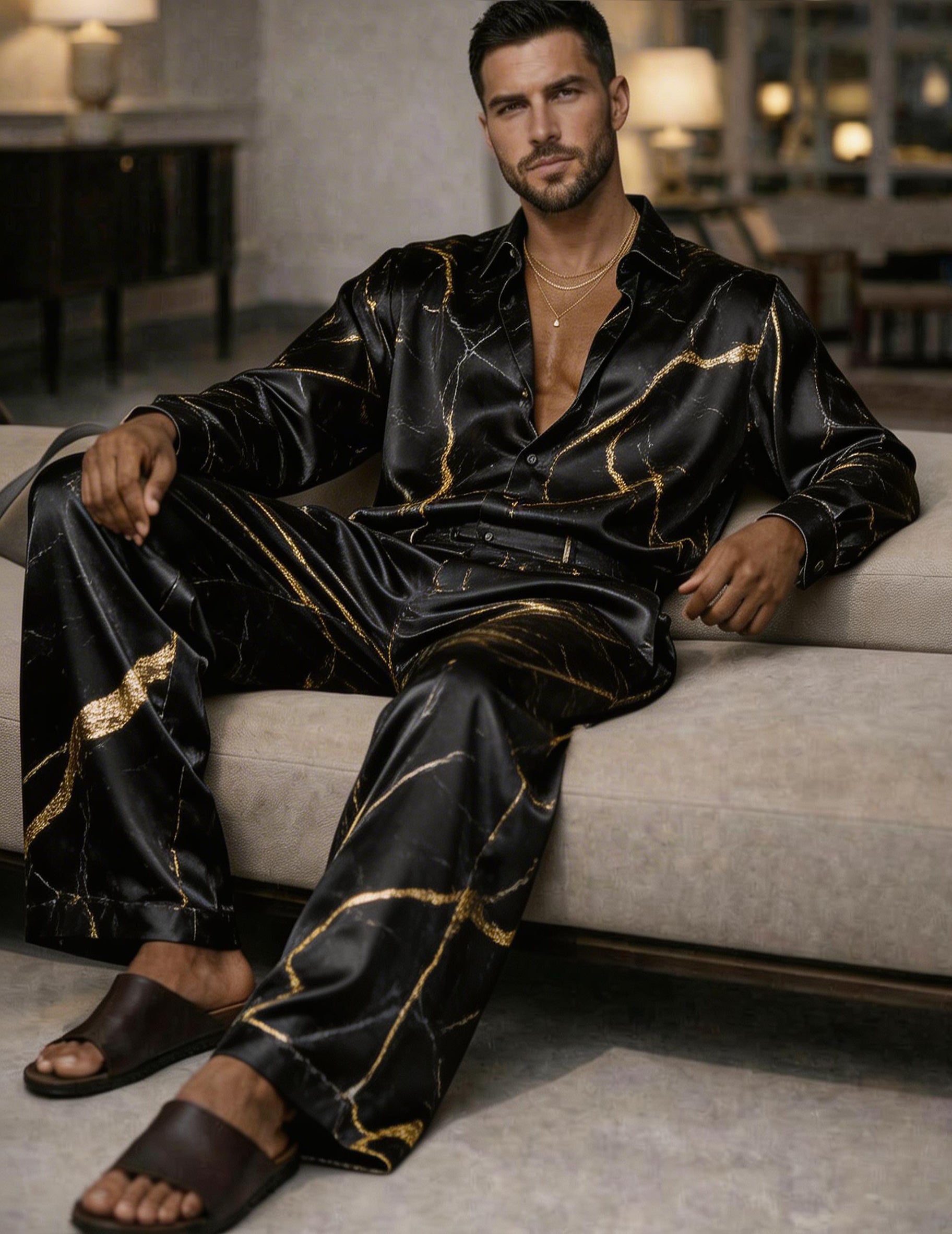 Silk set for men: black shirt and wide-leg pants with gold marble veining