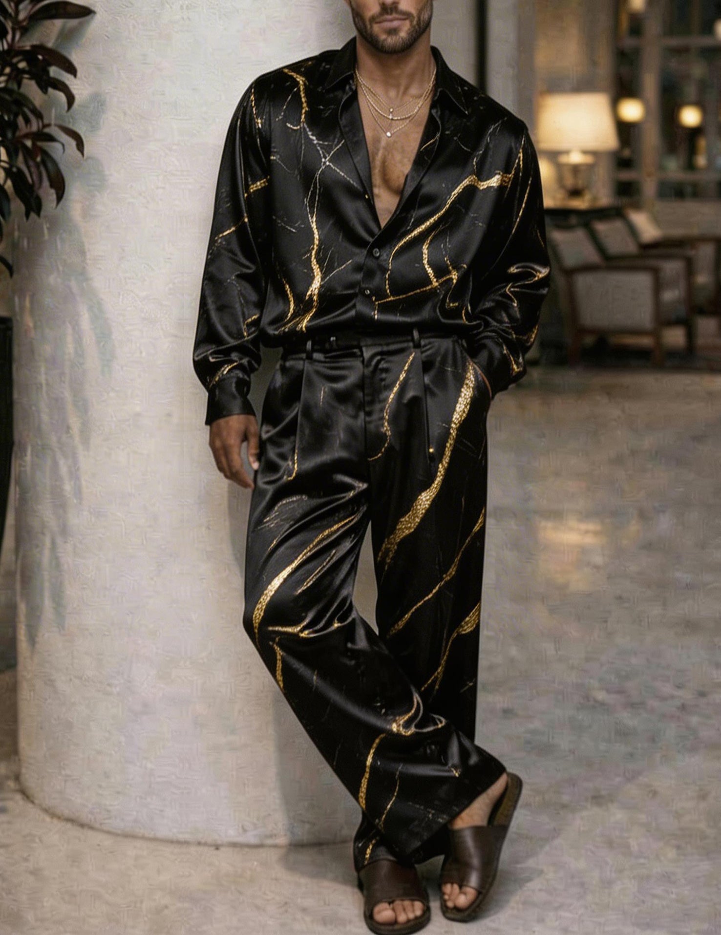 Black silk marble-vein pajama set, open-collar shirt and matching pants