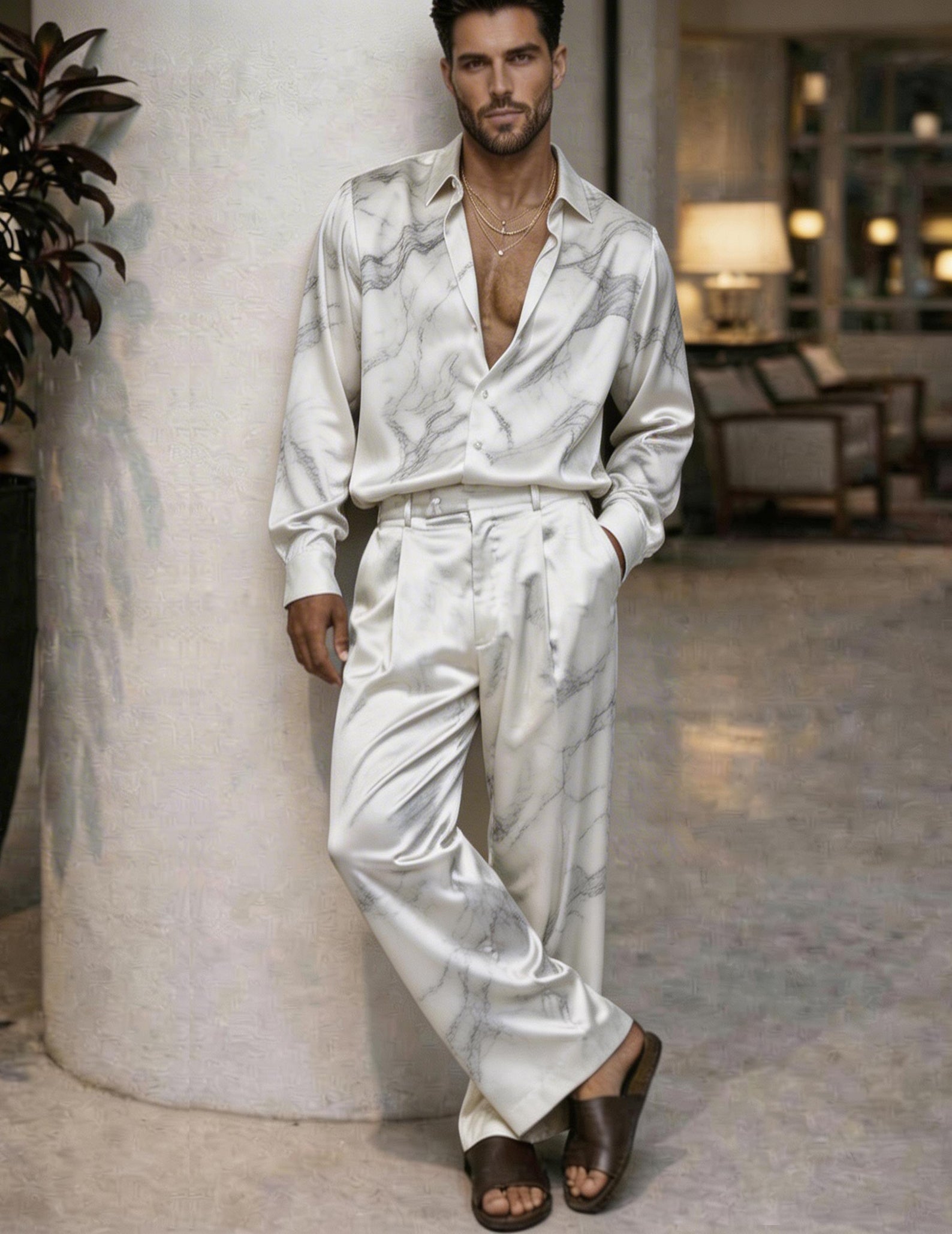 Men’s silk shirt and pants set, white with gray marble vein print