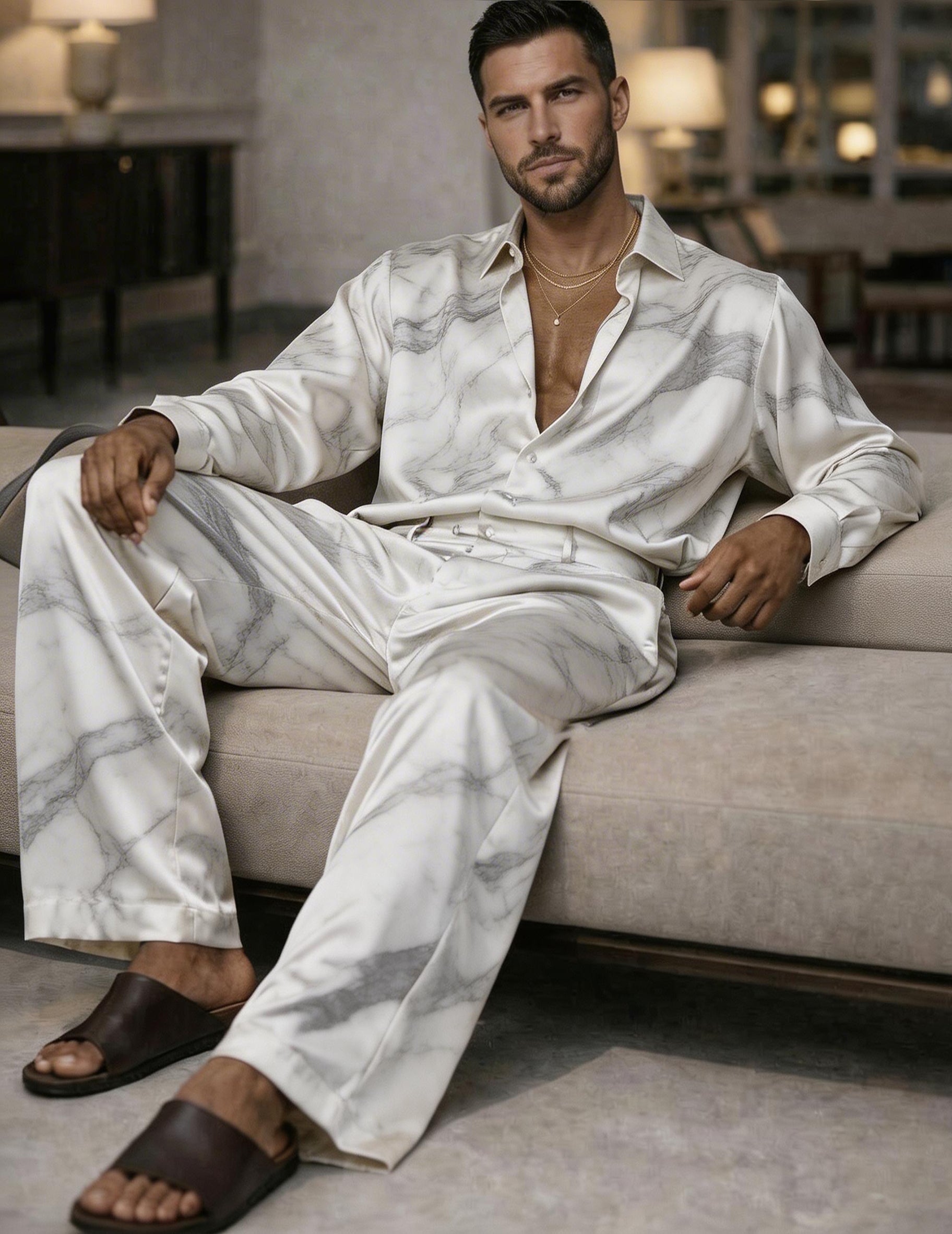 Silk set: white open-collar shirt and relaxed pants with gray marble pattern