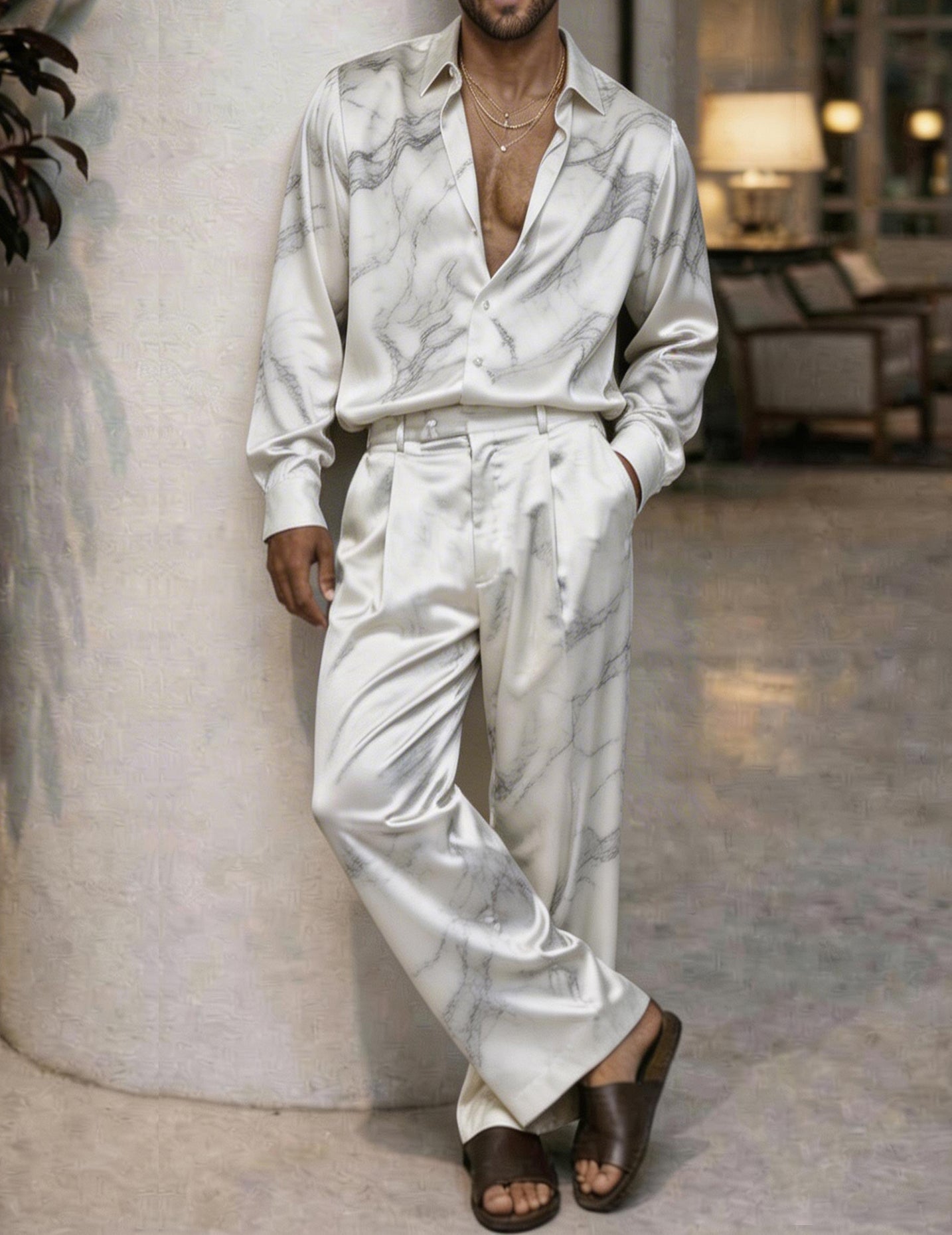 White marble-vein silk shirt and pants, long sleeves with matching trousers