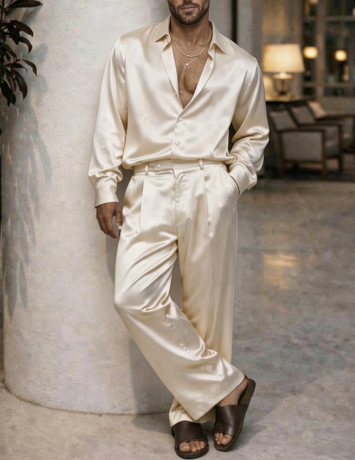 Champagne Satinhemd mit offenem Kragen, dazu Satin-Loungehose mit Bindebund