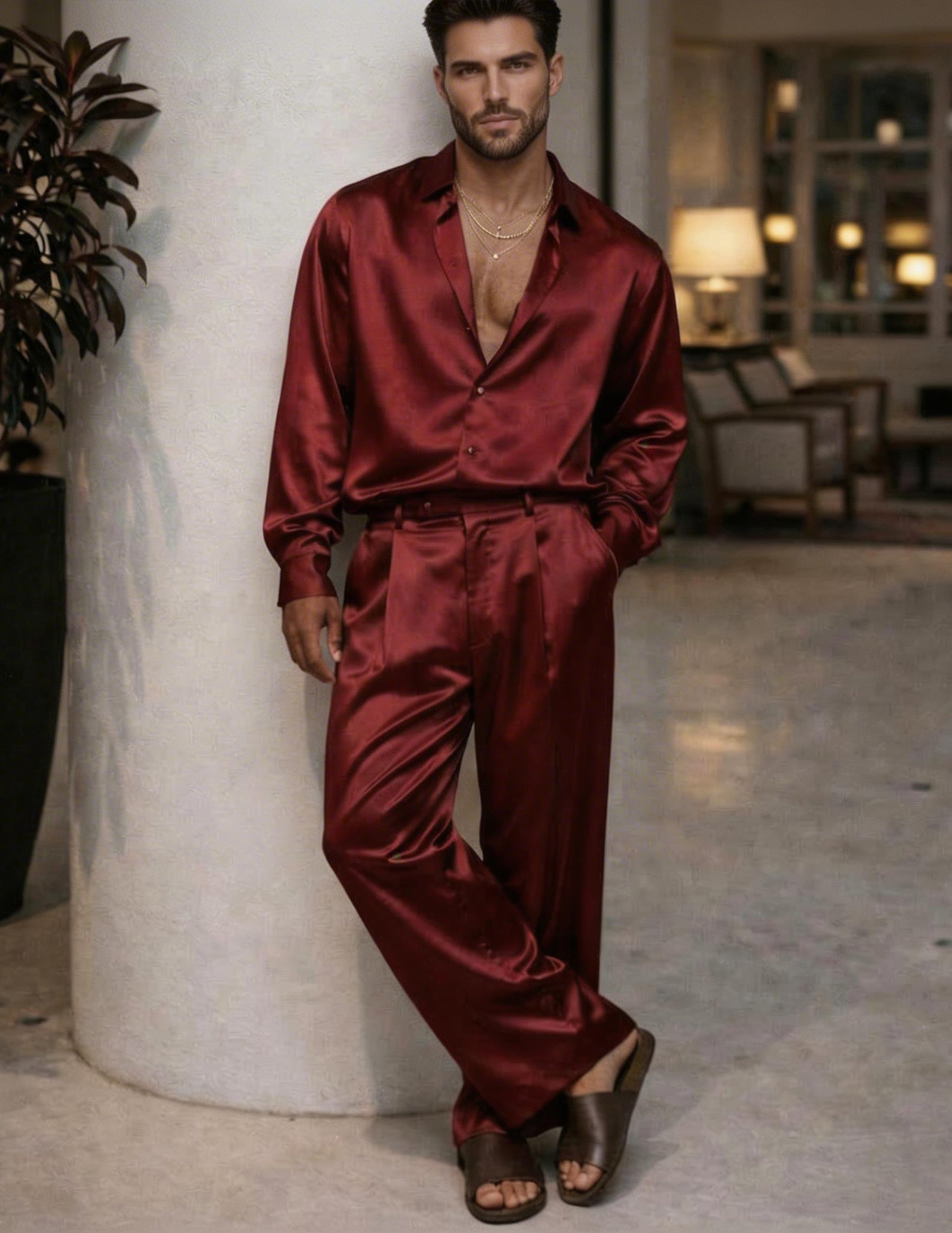 Weinrote Satin-Loungehose und Hemd mit Knöpfen, Herren-Set